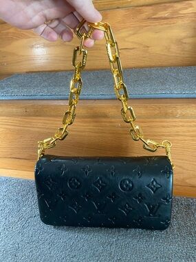 Black Embossed Leather Shoulder Bag with Gold Chain
